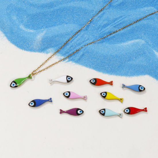 Immagine di 2 Pz Placcatura Sottovuoto PVD Ecologica 304 Acciaio Inossidabile Sequins Smaltati Ciondoli Placcato Oro 18K Pesce Smalto a Doppia Faccia 20mm x 6.5mm