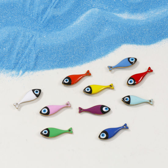 Immagine di 2 Pz Placcatura Sottovuoto PVD Ecologica 304 Acciaio Inossidabile Sequins Smaltati Ciondoli Placcato Oro 18K Pesce Smalto a Doppia Faccia 20mm x 6.5mm