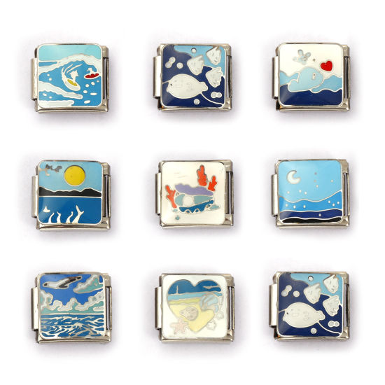 Immagine di 2 Pz 304 Acciaio Inossidabile Gioielli Oceanici Bracciale con Charm Italiano a Maglie, Creazione di Gioielli Fai-da-te Tono Argento Rettangolo Balena 10mm x 9mm