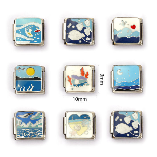 Immagine di 2 Pz 304 Acciaio Inossidabile Gioielli Oceanici Bracciale con Charm Italiano a Maglie, Creazione di Gioielli Fai-da-te Tono Argento Rettangolo Balena 10mm x 9mm