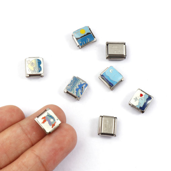 Immagine di 2 Pz 304 Acciaio Inossidabile Gioielli Oceanici Bracciale con Charm Italiano a Maglie, Creazione di Gioielli Fai-da-te Tono Argento Rettangolo Balena 10mm x 9mm