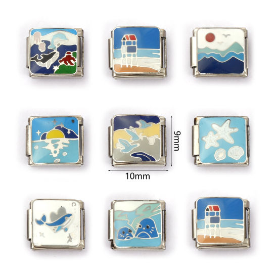 Immagine di 2 Pz 304 Acciaio Inossidabile Gioielli Oceanici Bracciale con Charm Italiano a Maglie, Creazione di Gioielli Fai-da-te Tono Argento Rettangolo Stella Marina 10mm x 9mm