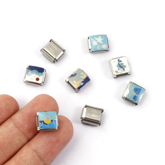 Immagine di 2 Pz 304 Acciaio Inossidabile Gioielli Oceanici Bracciale con Charm Italiano a Maglie, Creazione di Gioielli Fai-da-te Tono Argento Rettangolo Stella Marina 10mm x 9mm