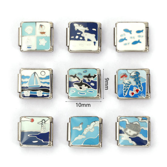 Immagine di 2 Pz 304 Acciaio Inossidabile Gioielli Oceanici Bracciale con Charm Italiano a Maglie, Creazione di Gioielli Fai-da-te Tono Argento Rettangolo Barca a Vela 10mm x 9mm