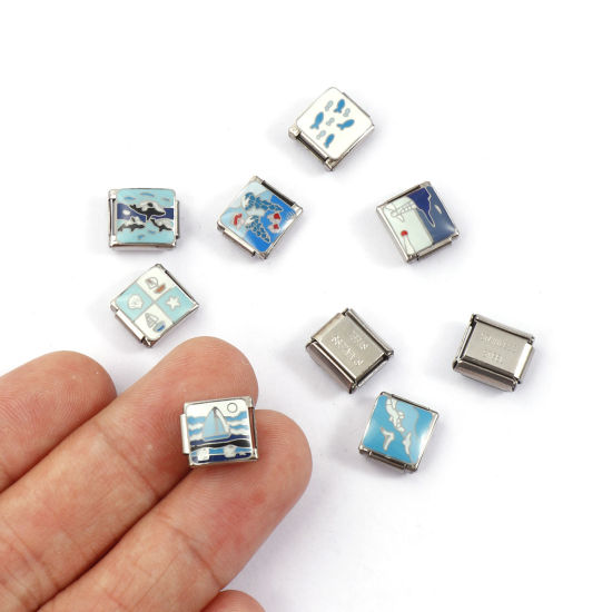 Immagine di 2 Pz 304 Acciaio Inossidabile Gioielli Oceanici Bracciale con Charm Italiano a Maglie, Creazione di Gioielli Fai-da-te Tono Argento Rettangolo Barca a Vela 10mm x 9mm