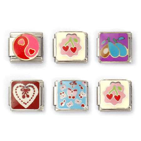 Picture of 304 Stainless Steel Ocean Jewelry Italian Charm Links For DIY Bracelet Jewelry Making Silver Tone Rectangle Heart 10mm x 9mm