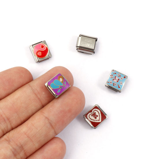 Bild von 304 Edelstahl Ozean Schmuck Charm-Armband mit italienischen Gliedern zur Herstellung von DIY-Schmuck Silberfarbe Rechteck Herz 10mm x 9mm