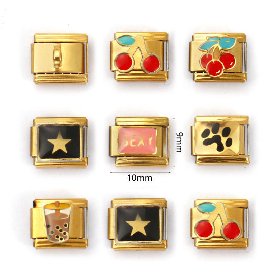 Immagine di 2 Pz 304 Acciaio Inossidabile Gioielli Oceanici Bracciale con Charm Italiano a Maglie, Creazione di Gioielli Fai-da-te Placcato Oro 18K Rettangolo Ciliegia 10mm x 9mm