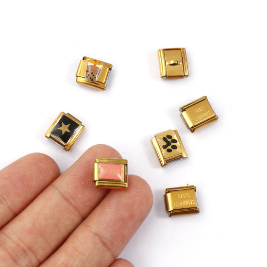 Immagine di 2 Pz 304 Acciaio Inossidabile Gioielli Oceanici Bracciale con Charm Italiano a Maglie, Creazione di Gioielli Fai-da-te Placcato Oro 18K Rettangolo Ciliegia 10mm x 9mm