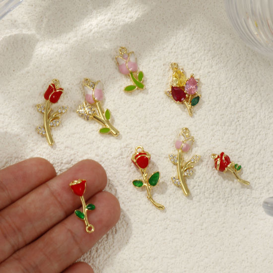 Picture of Brass & Cubic Zirconia Charms 18K Gold Plated Enamel Flower