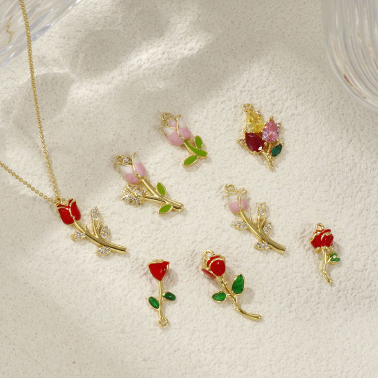 Picture of Brass & Cubic Zirconia Charms 18K Gold Plated Enamel Flower