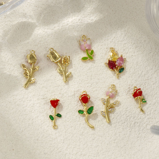 Picture of Brass & Cubic Zirconia Charms 18K Gold Plated Enamel Flower