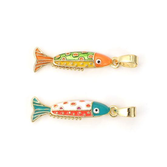 Immagine di 2 PCs Eco-friendly Brass Ocean Jewelry Charm Pendant 18K Real Gold Plated Multicolor Enamel Fish Animal 27mm x 6.5mm