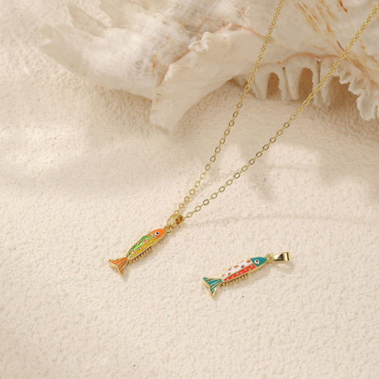 Immagine di 2 PCs Eco-friendly Brass Ocean Jewelry Charm Pendant 18K Real Gold Plated Multicolor Enamel Fish Animal 27mm x 6.5mm