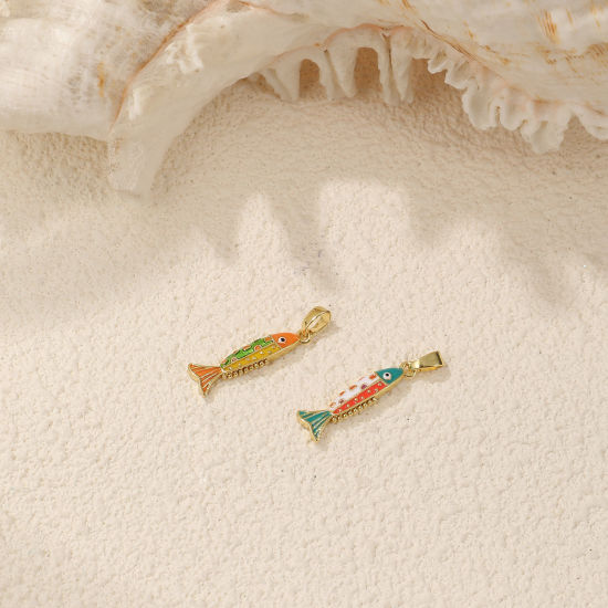Immagine di 2 PCs Eco-friendly Brass Ocean Jewelry Charm Pendant 18K Real Gold Plated Multicolor Enamel Fish Animal 27mm x 6.5mm