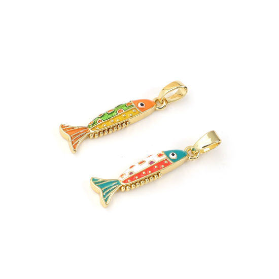 Immagine di 2 PCs Eco-friendly Brass Ocean Jewelry Charm Pendant 18K Real Gold Plated Multicolor Enamel Fish Animal 27mm x 6.5mm