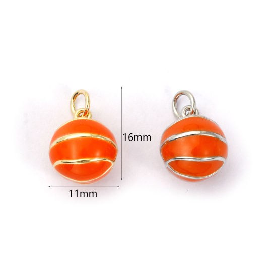Bild von 2 PCs Eco-friendly Brass Sport Charms Real Gold Plated Orange Enamel Basketball 3D 16mm x 11mm