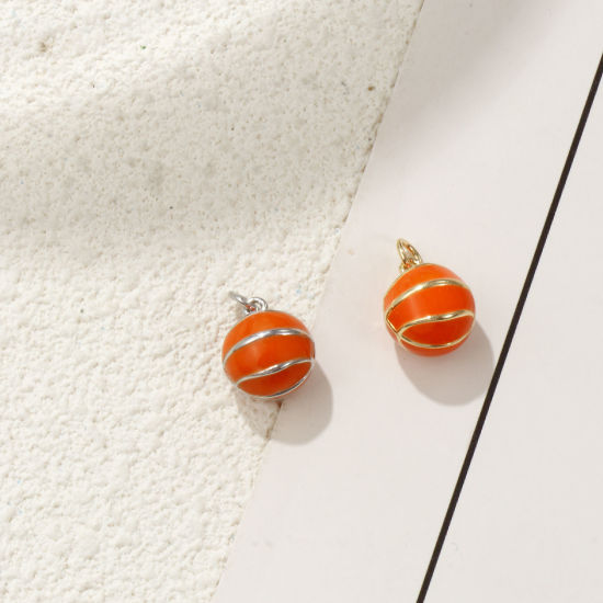 Bild von 2 PCs Eco-friendly Brass Sport Charms Real Gold Plated Orange Enamel Basketball 3D 16mm x 11mm