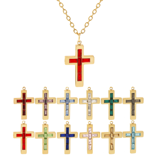 Imagen de 18K Oro Real Chapado Cadena de Cable Cruz Cruz Collar con Colgante, 304 Acero Inoxidable 45cm + 5cm, Para Mujeres, Piedra de Nacimiento Religión Recubrimiento al Vacío PVD Ecológico, 1 Unidad