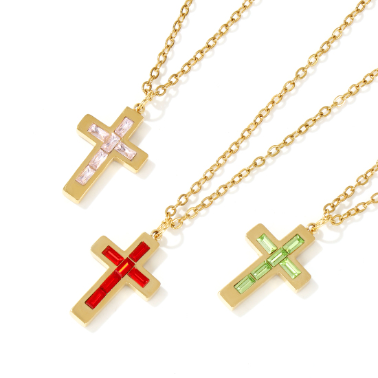 Imagen de 18K Oro Real Chapado Cadena de Cable Cruz Cruz Collar con Colgante, 304 Acero Inoxidable 45cm + 5cm, Para Mujeres, Piedra de Nacimiento Religión Recubrimiento al Vacío PVD Ecológico, 1 Unidad