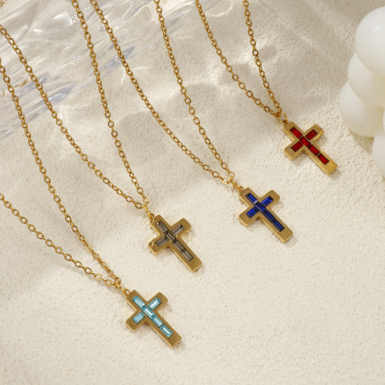 Imagen de 18K Oro Real Chapado Cadena de Cable Cruz Cruz Collar con Colgante, 304 Acero Inoxidable 45cm + 5cm, Para Mujeres, Piedra de Nacimiento Religión Recubrimiento al Vacío PVD Ecológico, 1 Unidad