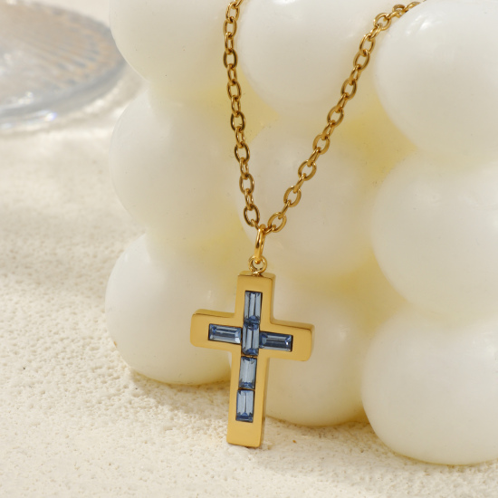 Imagen de 18K Oro Real Chapado Cadena de Cable Cruz Cruz Collar con Colgante, 304 Acero Inoxidable 45cm + 5cm, Para Mujeres, Piedra de Nacimiento Religión Recubrimiento al Vacío PVD Ecológico, 1 Unidad