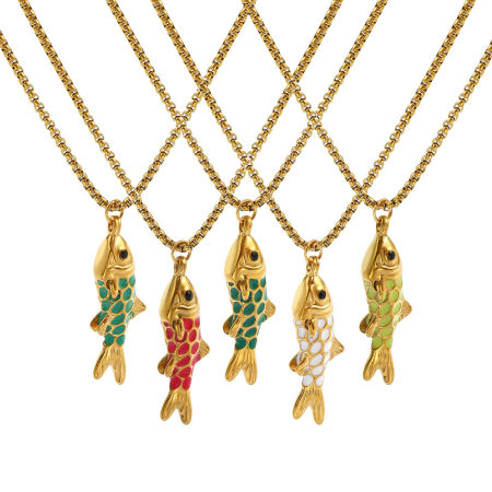 Picture of 18K Real Gold Plated Box Chain Fish Animal Pendant Charm Necklace, 304 Stainless Steel 45cm(17.7") + 5cm(2"), For Women, Enamel 3D, Stylish Ocean Jewelry Gift, Eco-friendly PVD Vacuum Plating