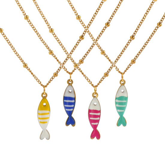 Imagen de 18K Real Gold Plated Curb Link Chain Fish Animal Pendant Charm Necklace, 304 Stainless Steel 45cm(17.7") + 5cm(2"), For Women, Double-sided Enamel, Stylish Ocean Jewelry Gift, Eco-friendly PVD Vacuum Plating