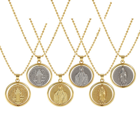 Picture of 18K Real Gold Plated Ball Chain St. Benedict Medal Pendant Charm Necklace, Brass 45cm(17.7") + 5cm(2"), For Women, Double-sided Rotatable, Exquisite Religious Eco-friendly