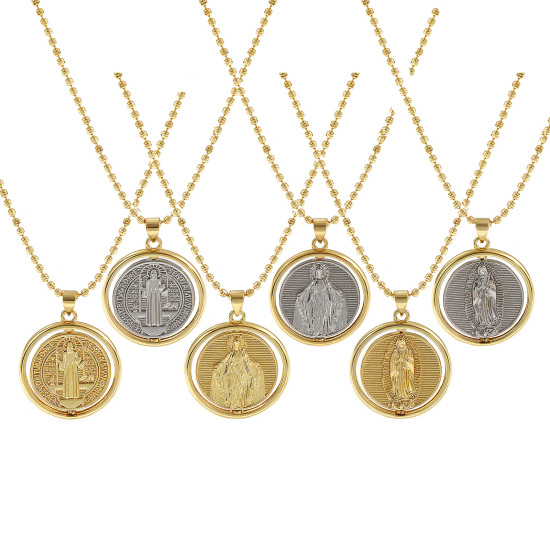 Immagine di 18K Vero Oro Placcato Catena a Pallini Medaglia di San Benedetto Collana con Ciondolo, Ottone 45cm + 5cm, Per Donne, Doppia Faccia Girevole, Squisito Religione Ecologico, 1 Pz