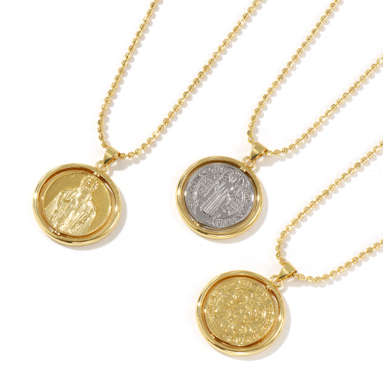 Immagine di 18K Vero Oro Placcato Catena a Pallini Medaglia di San Benedetto Collana con Ciondolo, Ottone 45cm + 5cm, Per Donne, Doppia Faccia Girevole, Squisito Religione Ecologico, 1 Pz