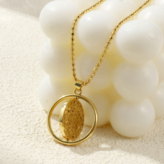 Immagine di 18K Vero Oro Placcato Catena a Pallini Medaglia di San Benedetto Collana con Ciondolo, Ottone 45cm + 5cm, Per Donne, Doppia Faccia Girevole, Squisito Religione Ecologico, 1 Pz