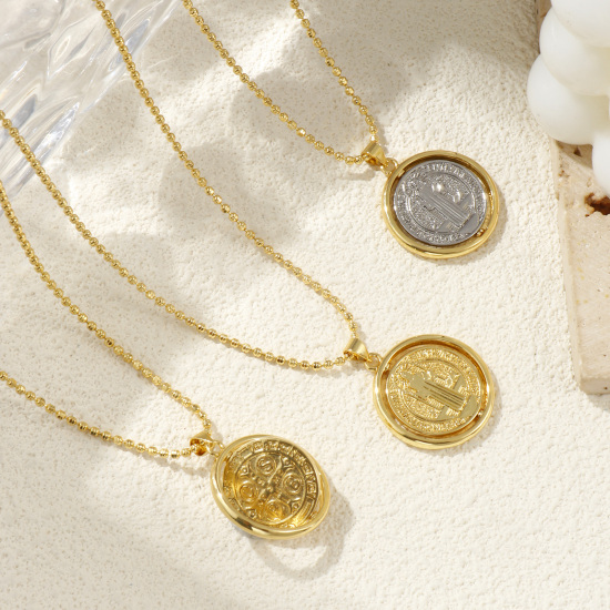 Immagine di 18K Vero Oro Placcato Catena a Pallini Medaglia di San Benedetto Collana con Ciondolo, Ottone 45cm + 5cm, Per Donne, Doppia Faccia Girevole, Squisito Religione Ecologico, 1 Pz