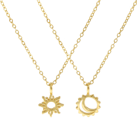 Picture of 18K Real Gold Plated Link Cable Chain Sun & Moon Pendant Charm Necklace, Brass 46cm(18.1") + 6cm(2.4"), For Women, Exquisite Galaxy Eco-friendly