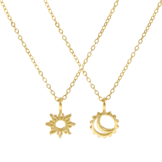 Immagine di 18K Vero Oro Placcato Catena a Cavo Sole & Luna Collana con Ciondolo, Ottone 46cm + 6cm, Per Donne, Squisito Galassia Ecologico, 1 Pz