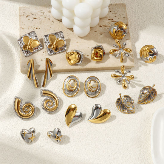 Imagen de 1 Par Recubrimiento al Vacío PVD Ecológico Elegante Exquisito 18K Oro Real Chapado & Tono de Plata 304 Acero Inoxidable Dos Colores Pendientes de Poste de Oreja Para Mujeres Regalo