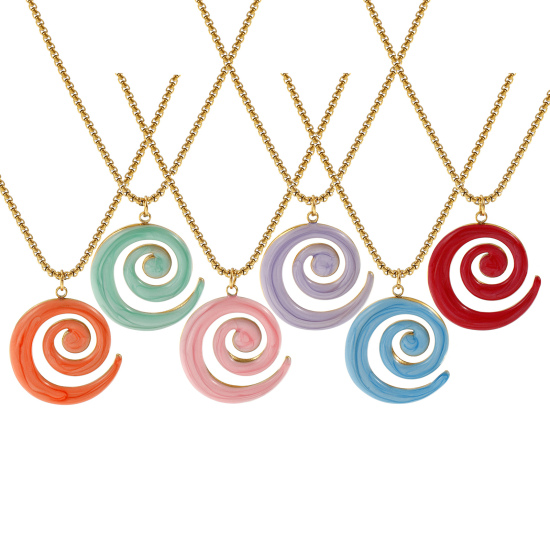 Bild von 18K Echtgold plattiert Venezianerkette Spiral Anhänger Halskette, 304 Edelstahl 45cm + 5cm, Für Frauen, Emaille Perlmuttartig, Stilvoll Exquisit Geschenk, Umweltfreundliche PVD-Vakuumbeschichtung