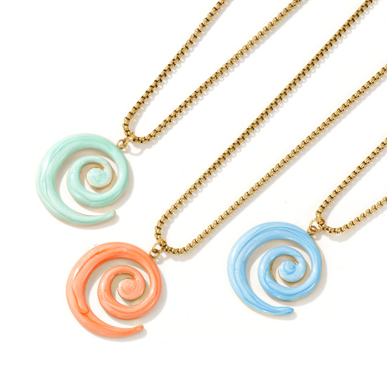 Bild von 18K Echtgold plattiert Venezianerkette Spiral Anhänger Halskette, 304 Edelstahl 45cm + 5cm, Für Frauen, Emaille Perlmuttartig, Stilvoll Exquisit Geschenk, Umweltfreundliche PVD-Vakuumbeschichtung