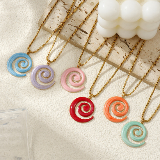 Bild von 18K Echtgold plattiert Venezianerkette Spiral Anhänger Halskette, 304 Edelstahl 45cm + 5cm, Für Frauen, Emaille Perlmuttartig, Stilvoll Exquisit Geschenk, Umweltfreundliche PVD-Vakuumbeschichtung