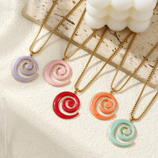 Bild von 18K Echtgold plattiert Venezianerkette Spiral Anhänger Halskette, 304 Edelstahl 45cm + 5cm, Für Frauen, Emaille Perlmuttartig, Stilvoll Exquisit Geschenk, Umweltfreundliche PVD-Vakuumbeschichtung