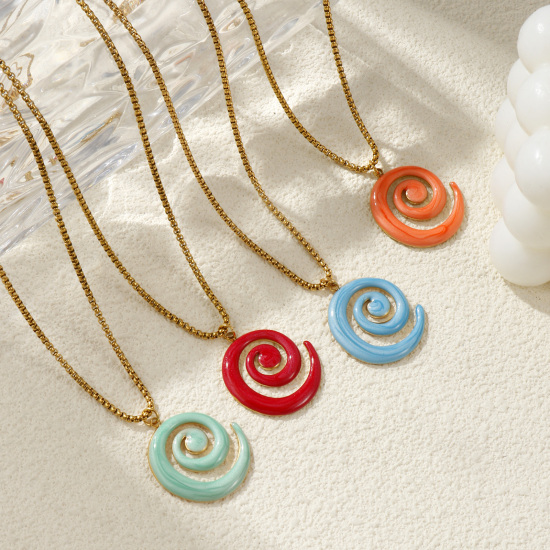 Bild von 18K Echtgold plattiert Venezianerkette Spiral Anhänger Halskette, 304 Edelstahl 45cm + 5cm, Für Frauen, Emaille Perlmuttartig, Stilvoll Exquisit Geschenk, Umweltfreundliche PVD-Vakuumbeschichtung