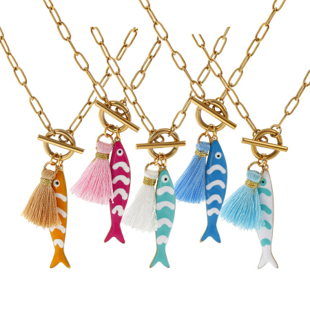 Picture of 18K Real Gold Plated Paperclip Link Chain Fish Animal Pendant Charm Necklace, 304 Stainless Steel & Polyester 45cm(17.7"), For Women, Tassel Multicolor Double-sided Enamel, Ocean Jewelry Gift, Eco-friendly PVD Vacuum Plating