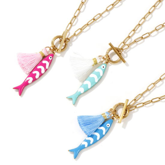 Bild von 18K Echtgold plattiert Büroklammerkette Fisch Anhänger Halskette, 304 Edelstahl & Polyester 45cm, Für Frauen, Quaste Bunt Doppelseitige Emaille, Ozean Schmuck Geschenk, Umweltfreundliche PVD-Vakuumbeschichtung