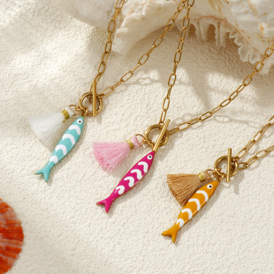 Bild von 18K Echtgold plattiert Büroklammerkette Fisch Anhänger Halskette, 304 Edelstahl & Polyester 45cm, Für Frauen, Quaste Bunt Doppelseitige Emaille, Ozean Schmuck Geschenk, Umweltfreundliche PVD-Vakuumbeschichtung