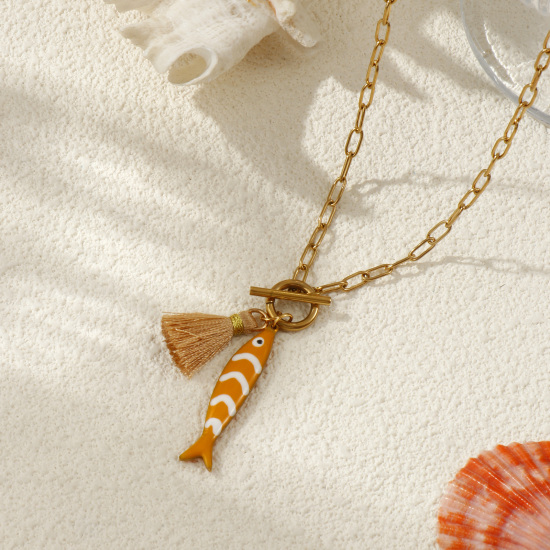 Bild von 18K Echtgold plattiert Büroklammerkette Fisch Anhänger Halskette, 304 Edelstahl & Polyester 45cm, Für Frauen, Quaste Bunt Doppelseitige Emaille, Ozean Schmuck Geschenk, Umweltfreundliche PVD-Vakuumbeschichtung
