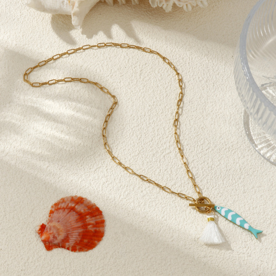 Bild von 18K Echtgold plattiert Büroklammerkette Fisch Anhänger Halskette, 304 Edelstahl & Polyester 45cm, Für Frauen, Quaste Bunt Doppelseitige Emaille, Ozean Schmuck Geschenk, Umweltfreundliche PVD-Vakuumbeschichtung