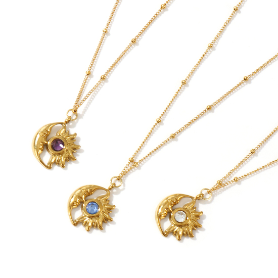 Immagine di 18K Vero Oro Placcato Catena del Barbazzale Sole & Luna Collana con Ciondolo, 304 Acciaio Inossidabile & Strass 45cm + 5cm, Per Donne, Elegante Pietre Nascita Regalo, Placcatura Sottovuoto PVD Ecologica, 1 Pz