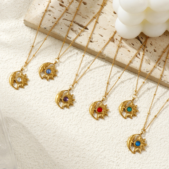 Immagine di 18K Vero Oro Placcato Catena del Barbazzale Sole & Luna Collana con Ciondolo, 304 Acciaio Inossidabile & Strass 45cm + 5cm, Per Donne, Elegante Pietre Nascita Regalo, Placcatura Sottovuoto PVD Ecologica, 1 Pz