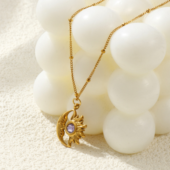 Immagine di 18K Vero Oro Placcato Catena del Barbazzale Sole & Luna Collana con Ciondolo, 304 Acciaio Inossidabile & Strass 45cm + 5cm, Per Donne, Elegante Pietre Nascita Regalo, Placcatura Sottovuoto PVD Ecologica, 1 Pz