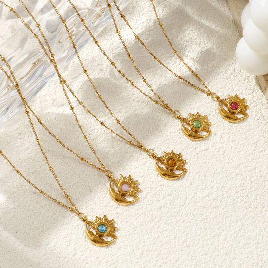 Immagine di 18K Vero Oro Placcato Catena del Barbazzale Sole & Luna Collana con Ciondolo, 304 Acciaio Inossidabile & Strass 45cm + 5cm, Per Donne, Elegante Pietre Nascita Regalo, Placcatura Sottovuoto PVD Ecologica, 1 Pz